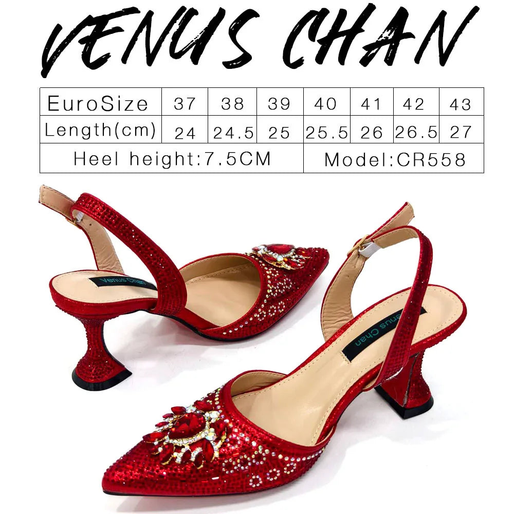 Nigerian Heel Party for Women Blue Color Shoes and Bag Set Rhinestone Handbag Italian Design Wedding INS 2025