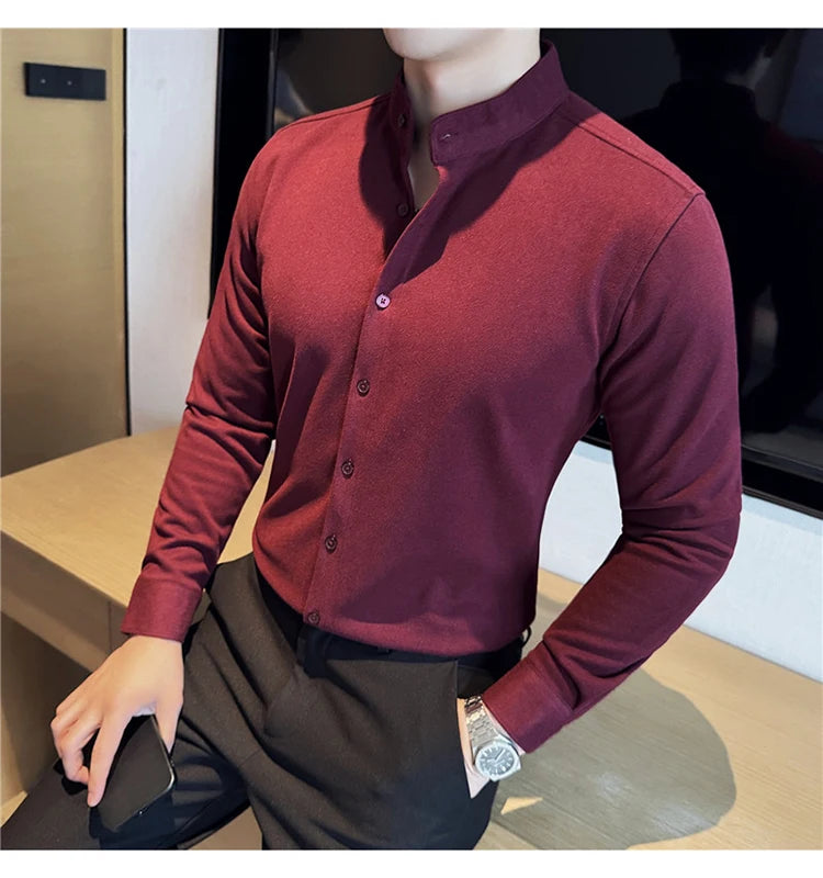 Winter Men Woolen Shirt with British Style Solid Casual Stand Up Collar Thick Warm Wool Formal Dress Shirt Fashion Men Clothing