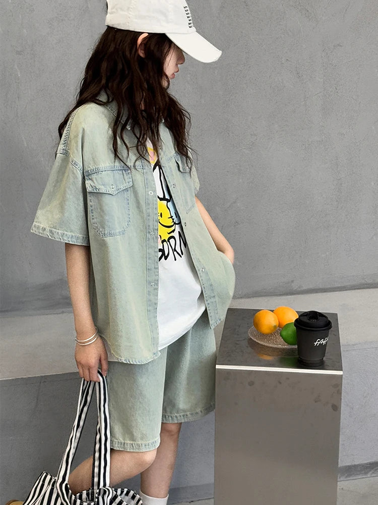 Girls' Summer Tencel Cowboy Set 2025 New Children's Shirt Shorts Two Piece Set Girls' Fashionable Clothes Trendy