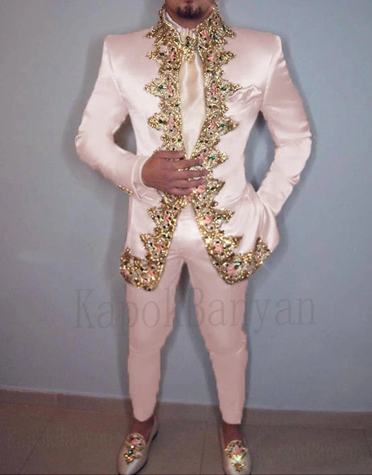 Men Suit 2020 Two Piece (Jacket+Pants+Belt) Italian Stand Collar Slim Fit Wedding Suit for Men Custom Made Embroidery Suit
