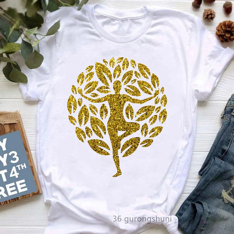 Newest Yoga Tree Print Tshirt Girls Summer Fashion Short Sleeve T Shirt Women Buddha Chakra Meditation T-Shirt Female Wholesale