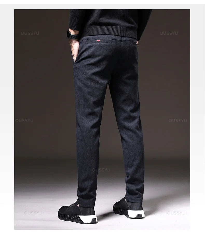 Autumn Winter New Classic Casual Pants Men Thick Business Korea Slim Fit Stretch Gray Blue Black Brushed Fabric Trousers Male