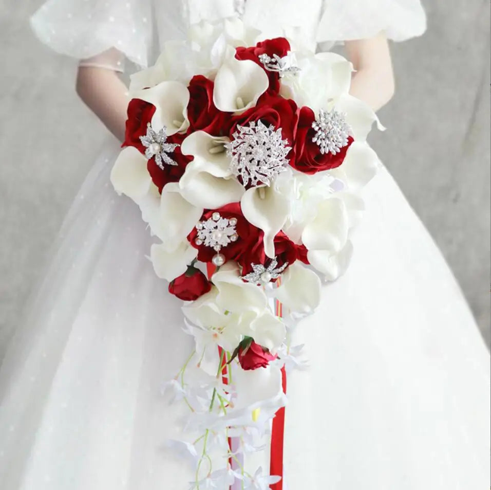 Wedding Bouquet Bridal Artificial Silk Flowers Foam Roses Bouquet Lace Decoration Natural Wedding Flowers