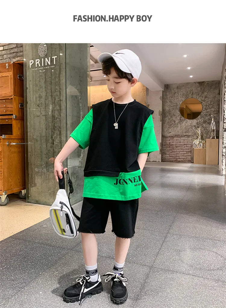 Summer Children Boy Clothes Set Kid Faux Two-piece Letterr Printed Tshirts and Shorts 2 Pieces Suit Teenage Top Bottom Outfits