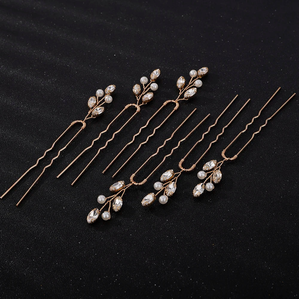 Silver Rhinestone Hairpins for Wedding Hair Accessories Women Handmade Gold Pearl Bridal Hair Pins Simple Trendy Headpiece Tiara