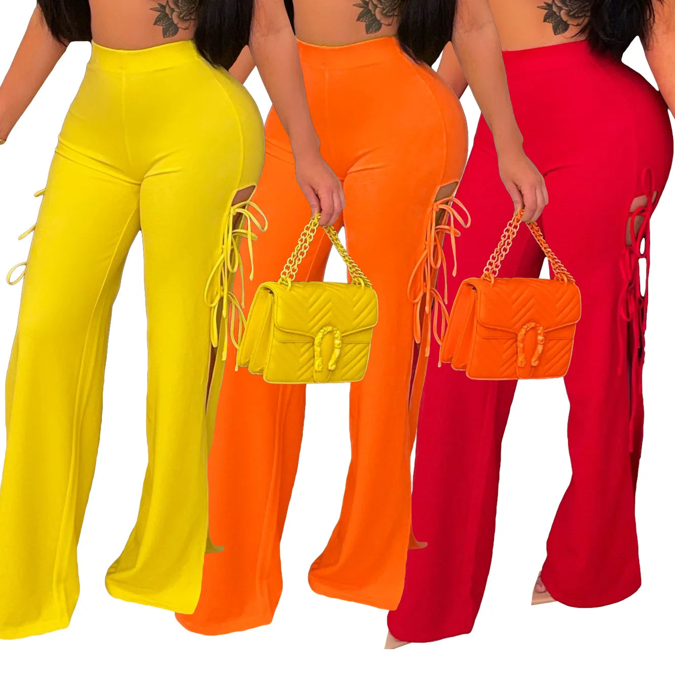 BKLD Women Clothing Fashion Solid Color Lace-Up Flared Pants Sexy Night Club Outfits Party Wide Leg Pants High Waist Trousers