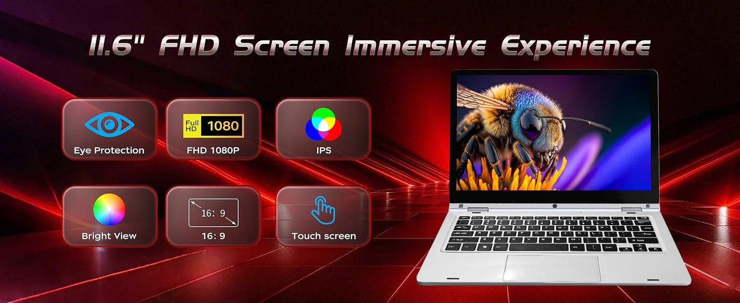 11.6" Portable 2 in 1 mini Laptop Computer Touch Screen Intel Celeron N4020 8GB RAM 512GB SSD Windows 11 Pro Office Learning PC