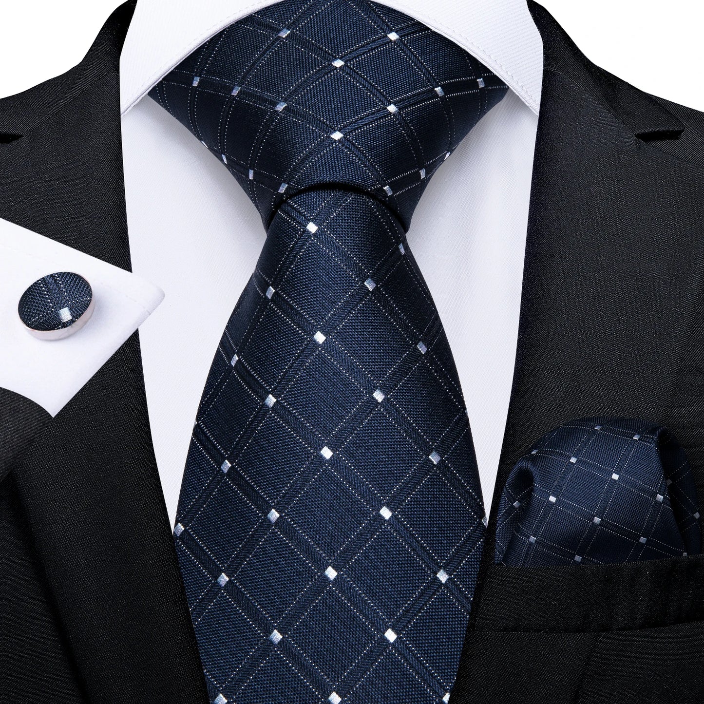 Solid Black Plaid Men's 8cm Polyester Neck Tie Handkerchief Cufflinks Set with Gift Box Tie Clip Birthday Anniversary Gift