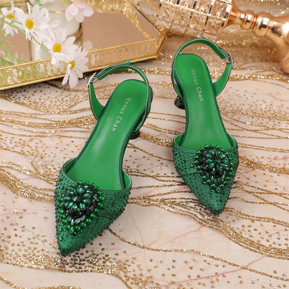 Luxury Elegant High Heels Royal Blue Color Diamond Embellished Pointed Toe Women's Shoes for Wedding Party Casual 2025 Style
