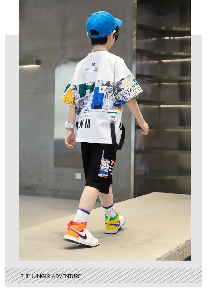 Summer Boys Cotton Alphabet Picture Printed T-Shirt Tops+Shorts Pant School Kids 2PCS Tracksuit Child Outfits Workout Set 3-16Yr