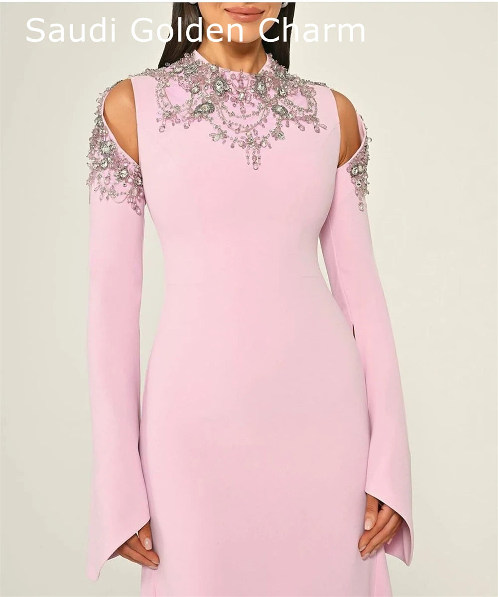 customizedCustomized Formal Pink Jersey Evening Dress Temperament Crew Neck Long Sleeves Party Dress High Quality Straight Celeb