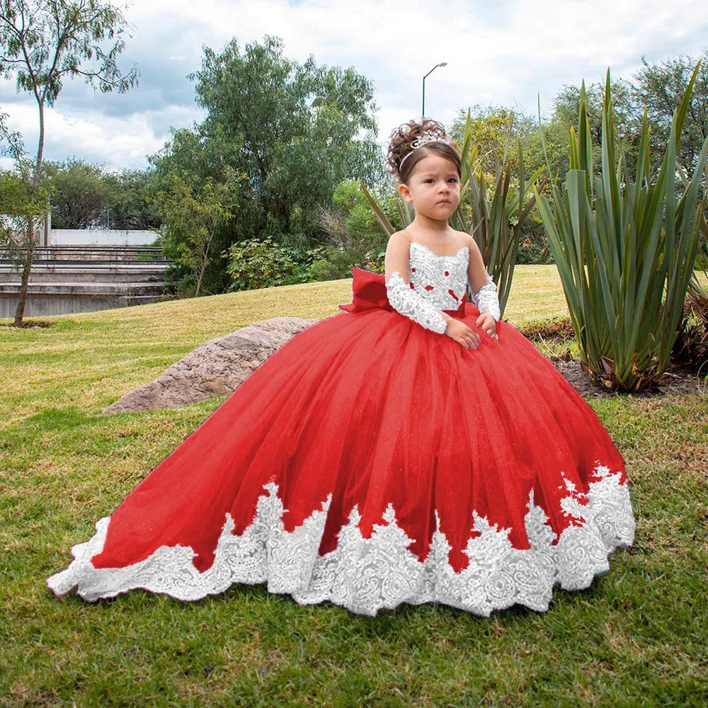 Long Sleeves Flower Girl Dresses For Weddings Toddlers Satin Bow Ball Gown Pageant Dress Sparkly 1st Communion Party Gowns