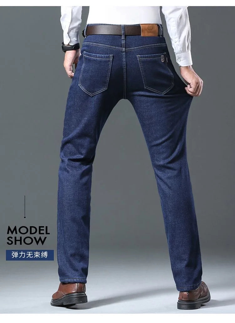 Winter New Fashion Trend Solid Color Plus Plush Thick Warm Jeans For Men's Casual Loose Sports Straight Leg Elastic Jeans 28-40