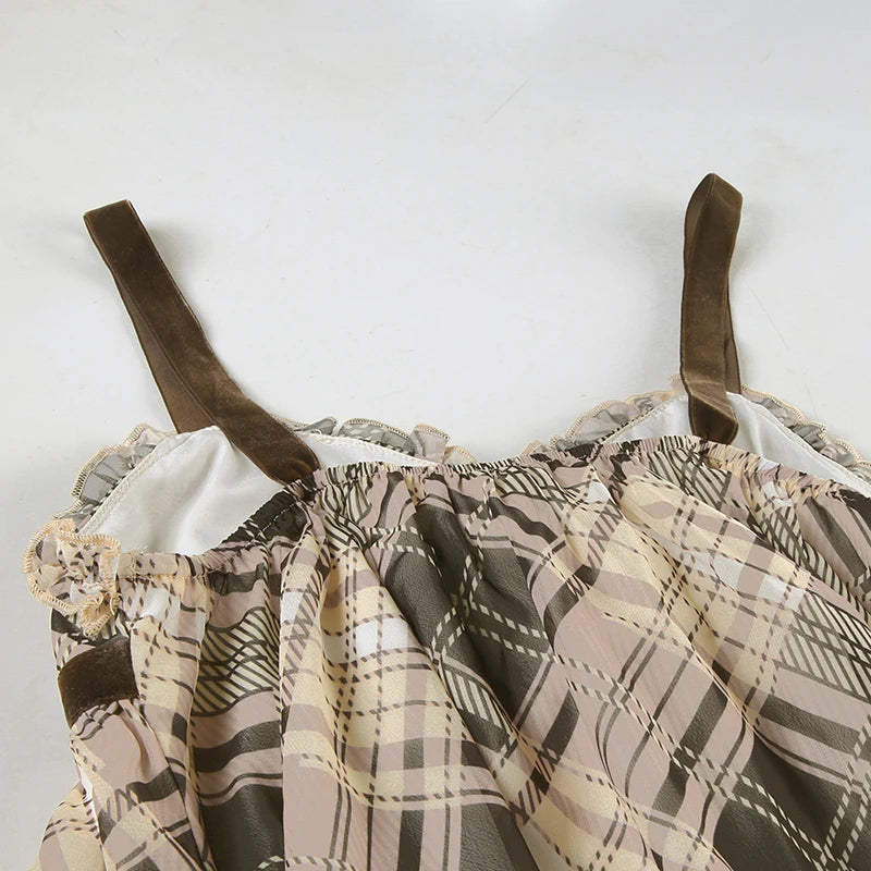Sweet Plaid Bow Cute Simple Camisole Dresses Tops Fashion All-Match Retro Women Home Clothing