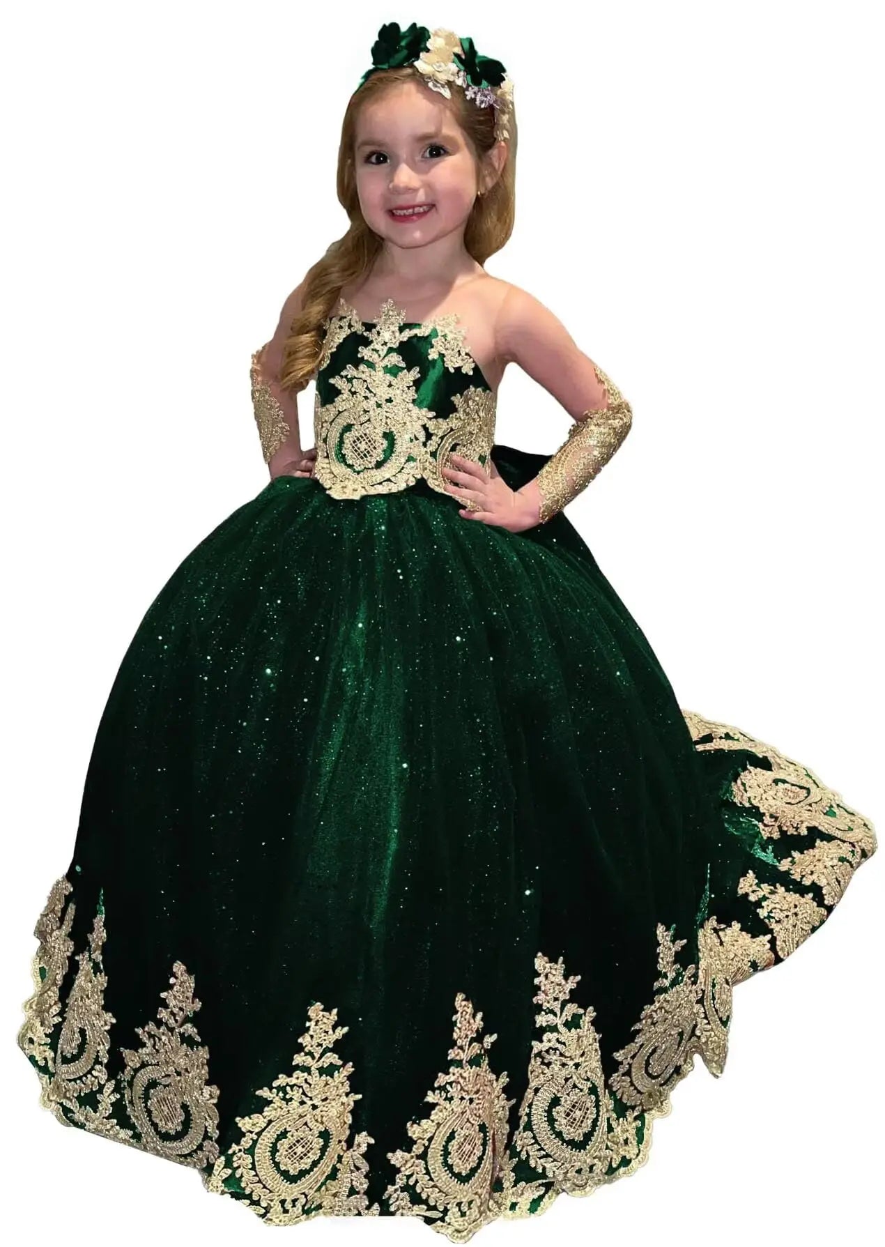 Glitter Puffy Princess Flower Girl Dresses Gold Appliques Bow Tulle Long Pageant Wedding Party Mini Quinceanera Dress Ball Gowns