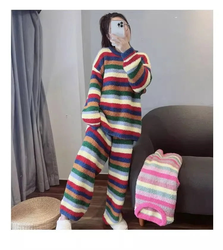 Winter Pajamas for Women: Cute Rainbow Pattern Korean Style Simple Half-Fleece Warm Pajamas Homewear Women's Winter Set
