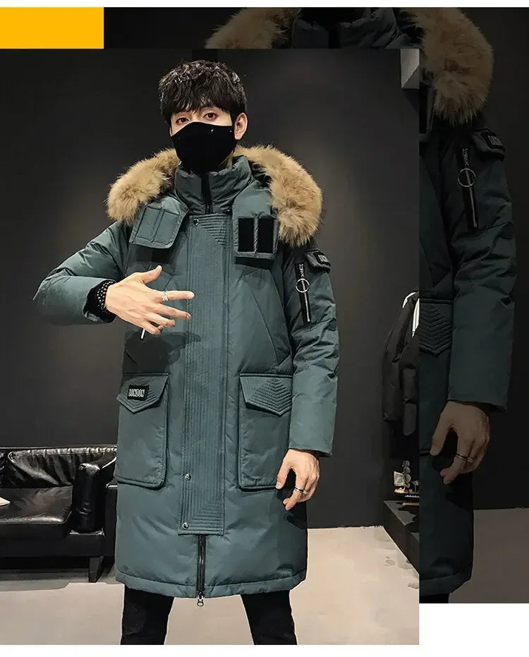 Men's Thickened Down Jacket Hooded Faux Fur Collar Winter Long Parka Jacket Outdoor Street Fashion Jacket Men's Clothing 2024