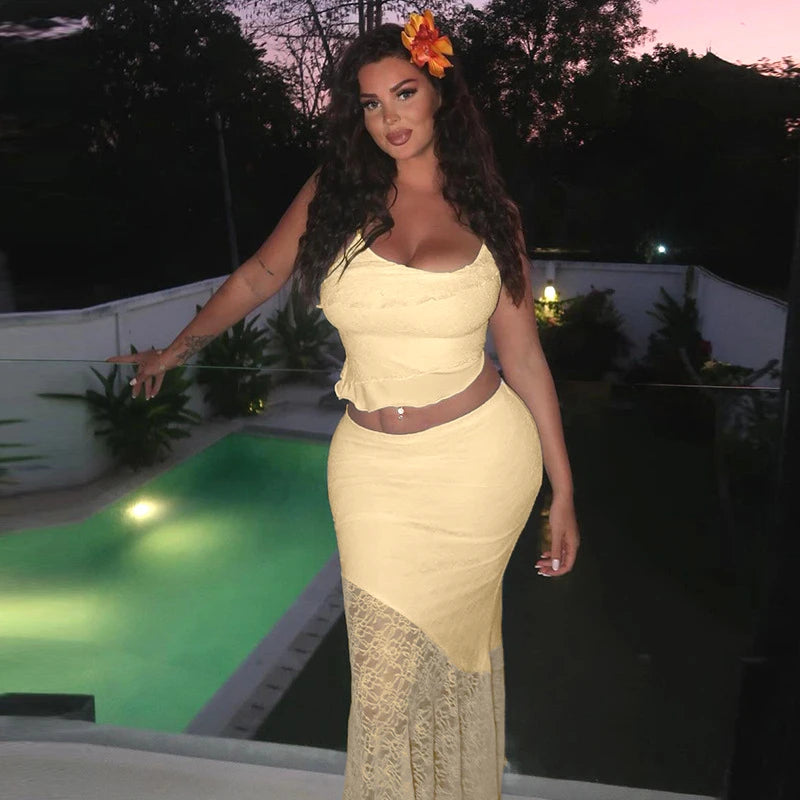 Tuularose Lace Sling Long Skirt Set Summer See-through Backless High Waisted Women Two Piece Sexy Beach Vacation Long Skirt Set