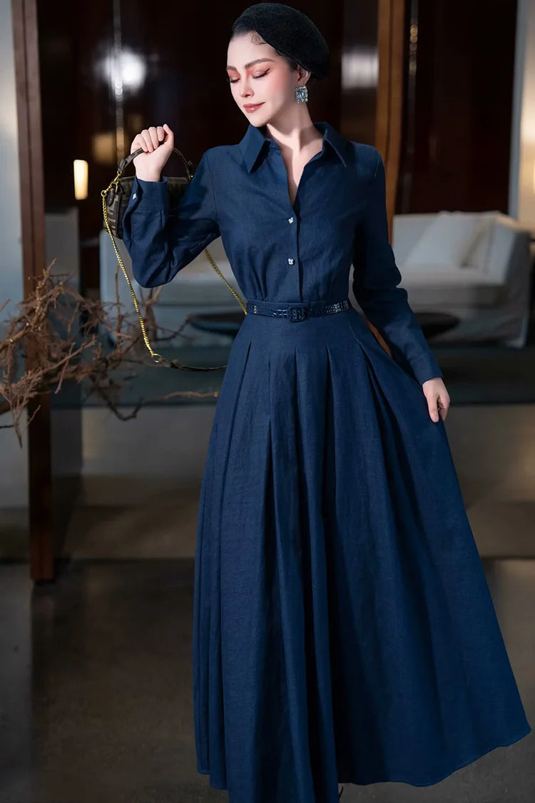 LD LINDA DELLA Elegant Commuter Solid Color Women's Dress Autumn Winter Turn-Down Collar Lace-UP linen long sleeves Dresses