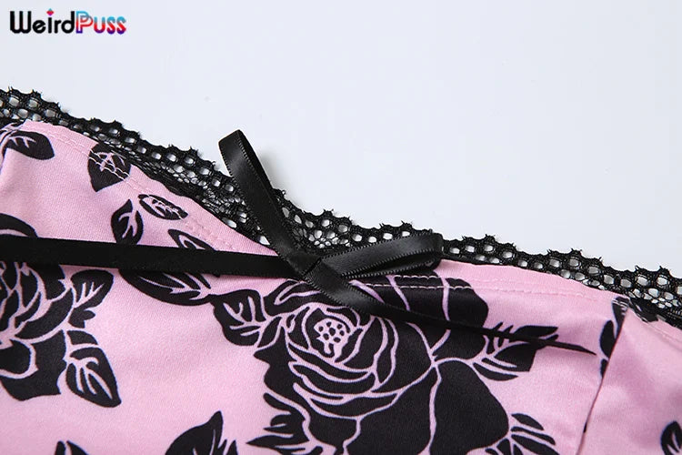 Weird Puss Flower Print Women 2 Piece Set Elegant Summer Trend Lace Bow Camisole+Peach Hip Skirts Matching Streetwear Outfits
