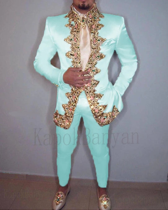 Men Suit 2020 Two Piece (Jacket+Pants+Belt) Italian Stand Collar Slim Fit Wedding Suit for Men Custom Made Embroidery Suit
