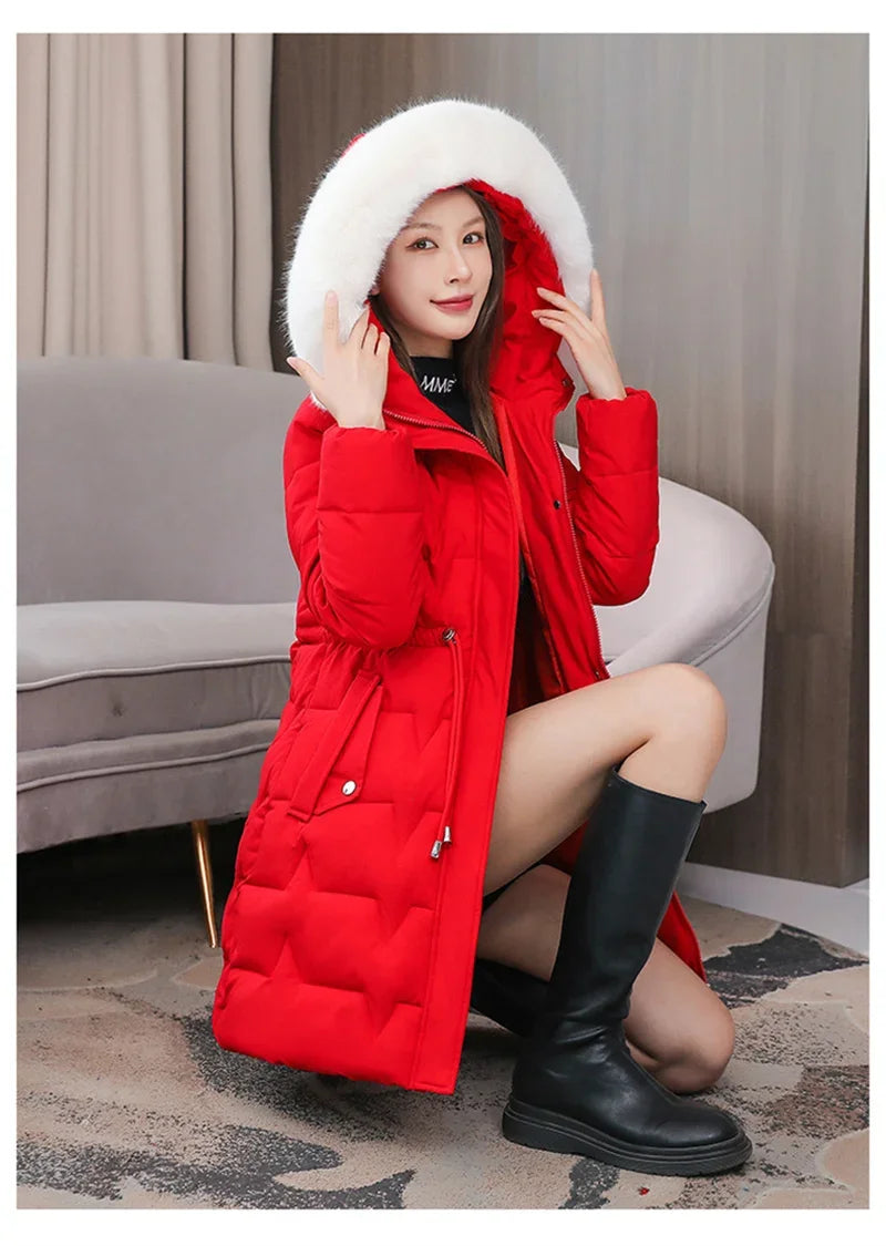 2025 New Winter Women Parka Fur Hooded Jackets Thicken Warm Cotton-padded Puffer Coat Casual Long Parkas Clothes Loose Outerwear