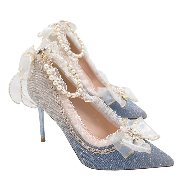 Lolita High Heels One Night Story Lolita Shoes Shiny Pointed High Heels Flower Wedding Ceremony 18 Year Old Slim Heels