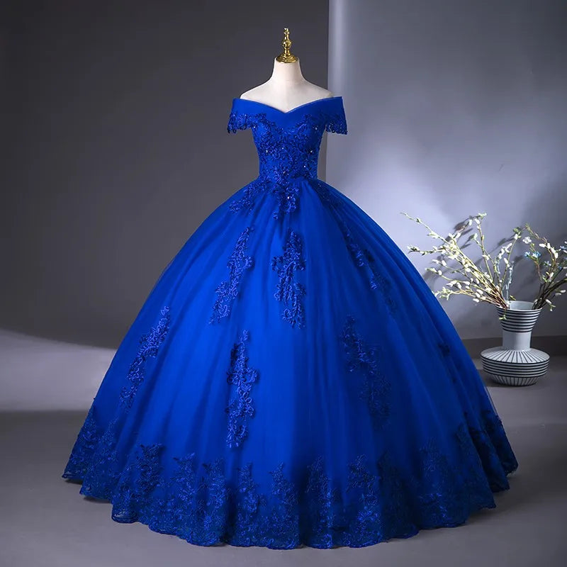 Royal Blue Off The Shoulder Lace Wedding Dress Appliques Beading Bride Dress Vintage Bridal Dresses Plus Size Customized