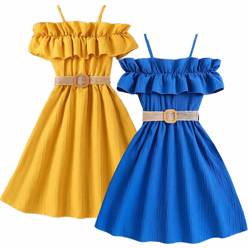 Summer Girl Dress Off Shoulder Fashion Girl Clothes Teenager Beach Dress with Belt Kid Outfits Children Clothing Plus Size Teens