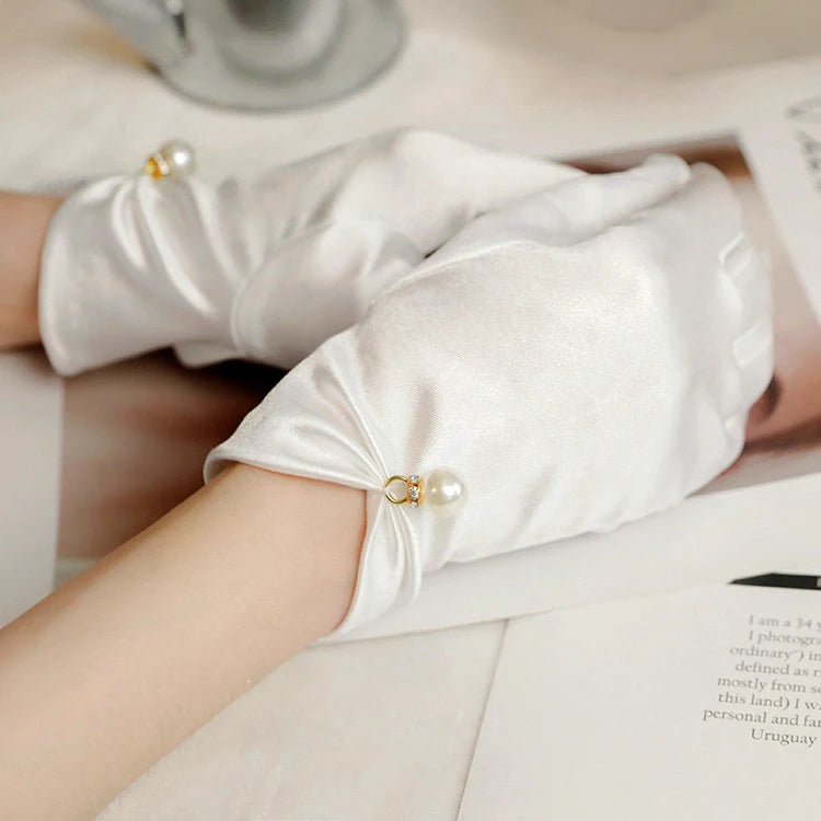 Wedding Date White Satin Lace Short Gloves Ladies Bride Accessories