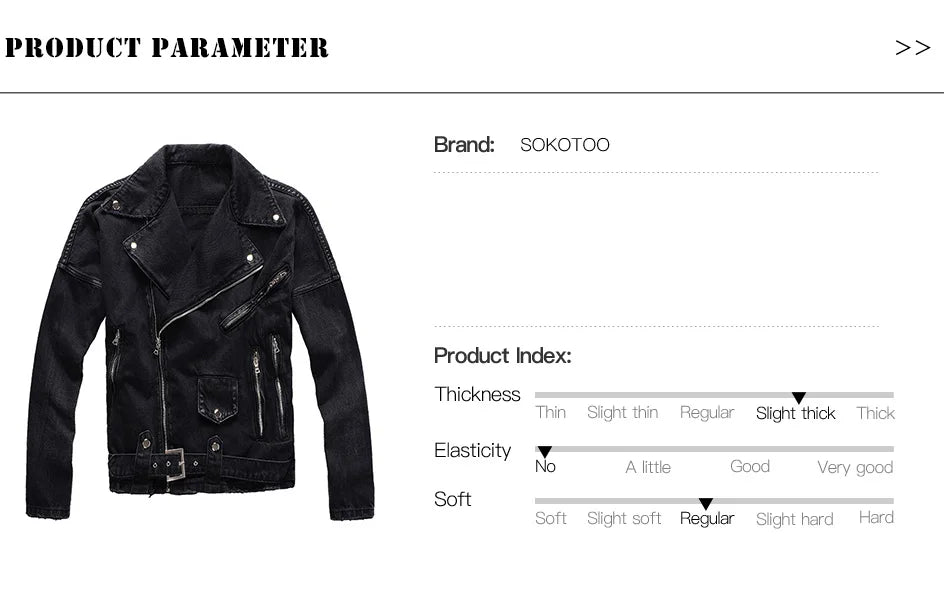 Sokotoo Men's zippers black biker jean jacket Streetwear thick denim slim coat with belt High quality