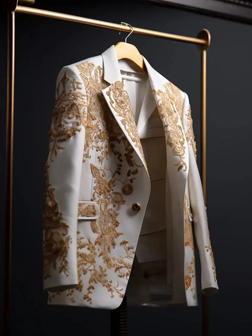 Fashion Wedding Men's Suit Gold Exquisite Embroider Business One Coat Tailor-Made Groom Formal Occasions Size Customized
