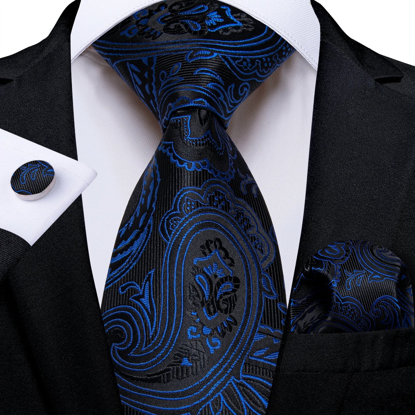 Royal Blue Paisley Plaid Striped Men tie Set with Handkerchief Cufflinks Wedding Prom Groom Accessories Perfect Gift for Men
