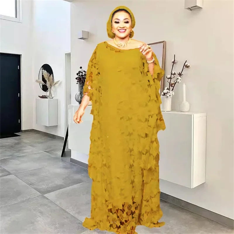 Lace Hollow Africa Dress African Dresses for Women African Clothes 2025 Dashiki Taditional Boubou Arabic Robe Femme Musulmane