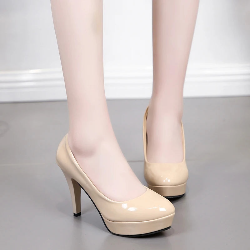 Beige waterproof platform high heels women's spring and autumn patent leather sexy round toe stiletto wedding shoes 10cm Size 42