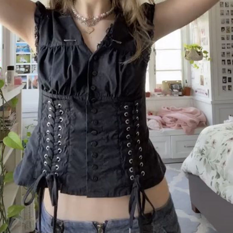 00s Retro Y2K Lace Trim Button Up Croset T-Shirt Korean Grunge Bandage Crop Top Gothic Punk Style Aesthetic Tees Women Clothes