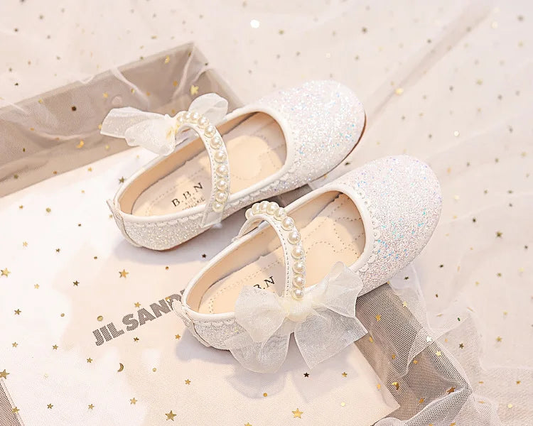 Girls Oxfords Bling Shoes Spring Autumn Kids School Dancing Shoes Pearl Beadings Big Girls Soft PU Leather Shoes Pink, Beige