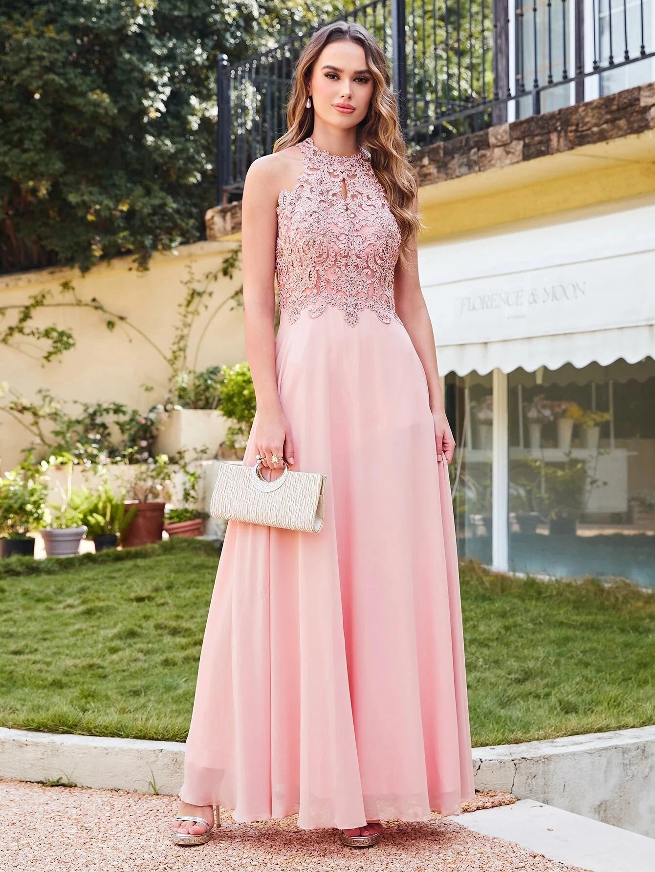 BABYONLINE Halter Neckline Lace Pearls Bodice Bridesmaid Dress Long Floor-length Skirt Chiffon Sexy Open Back Wedding Clothes