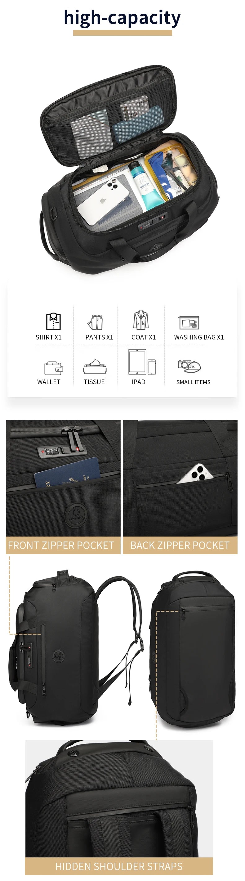 OZUKO Men Travel Duffel Bags Large Capacity Gym Handbags With Shoes Bag Wet Pocket Multifunction Short Trip Waterproof Backpacks