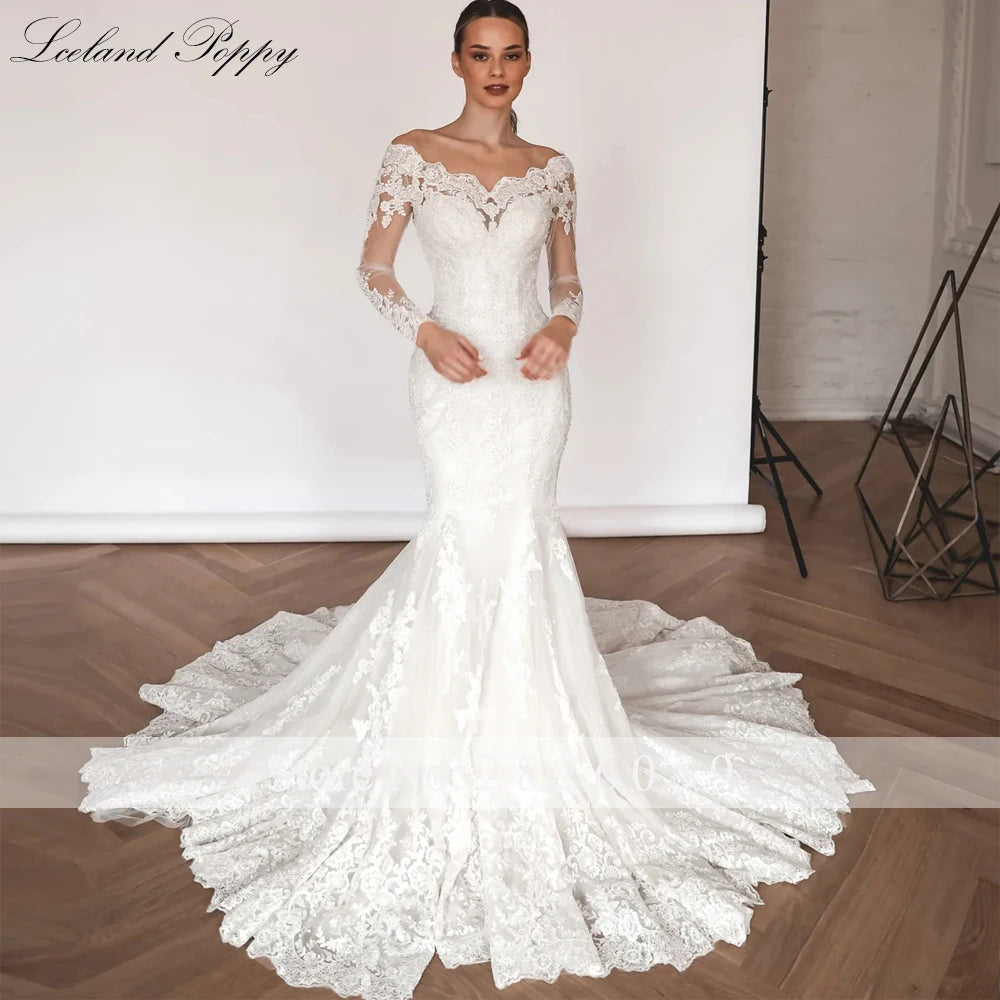 Lceland Poppy Customized Boat Neck Mermaid Lace Wedding Dresses Beaded Appliques Long Sleeves Bridal Gowns with Detachable Train