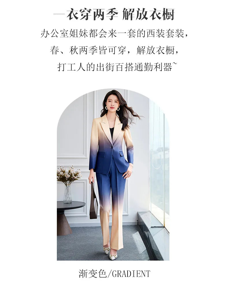 HIGH STREET Newest Fashion 2024 Designer Suit Set Women's Gradient Color Printed Single Button Blazer Flare Pants Suit
