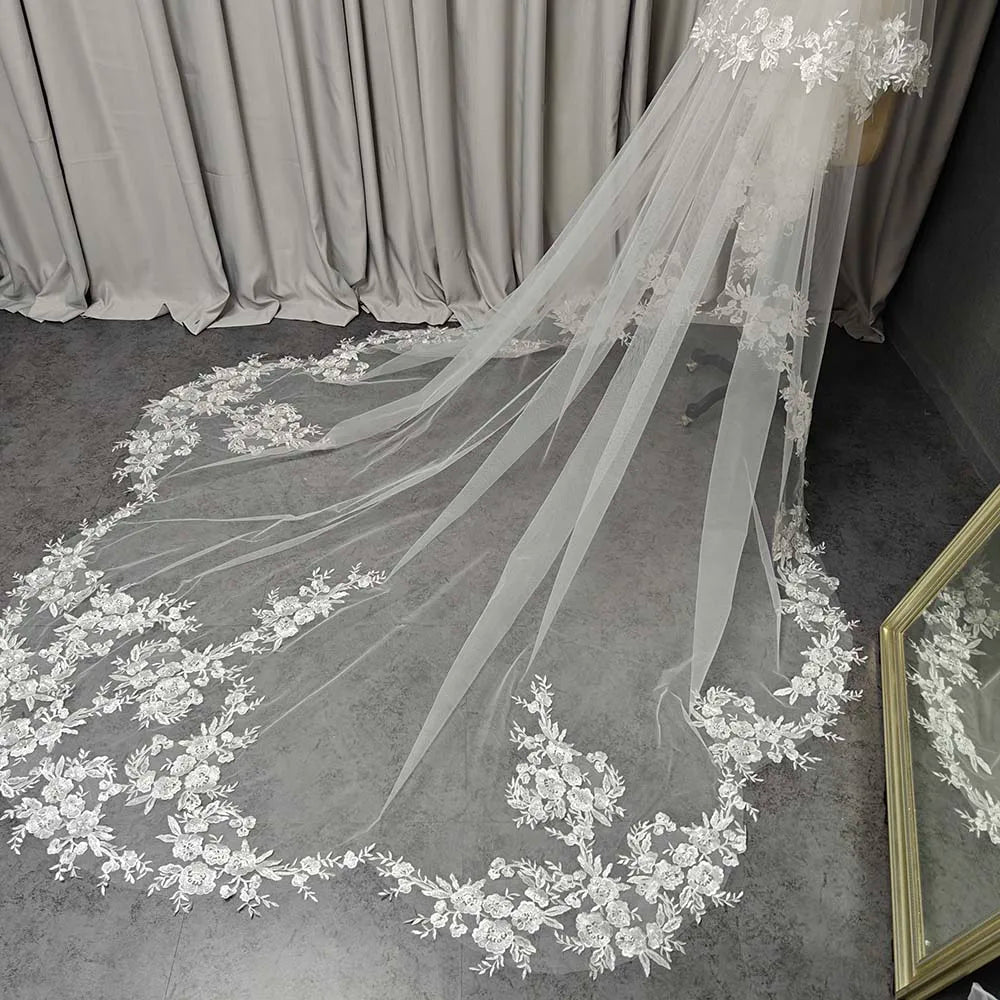 Wedding Veil with Shiny Sequins Lace Customized 2 Tiers 3 Meters Long Bridal Veil with Comb Real Photos Veil Wedding Accessories