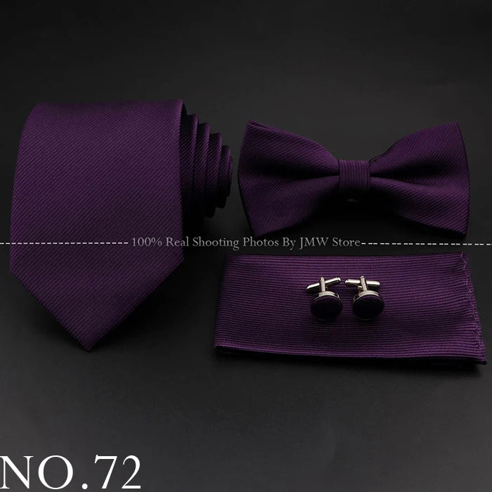 Hot Sale Red Blue Tie Set Polyester Slim Striped Necktie Bowtie Cufflink Brooch For Groom Suit Wedding Cravat Shirt Accessory