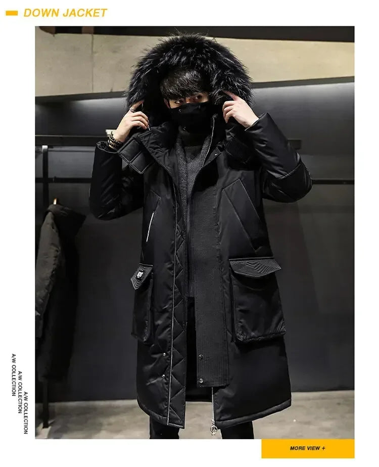 Men's Thickened Down Jacket Hooded Faux Fur Collar Winter Long Parka Jacket Outdoor Street Fashion Jacket Men's Clothing 2024