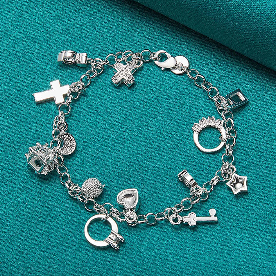 URMYLADY 925 Sterling Silver Ring/Cross/Star/Moon Necklace Bracelet Set For Women Wedding Party Fashion Charm Jewelry