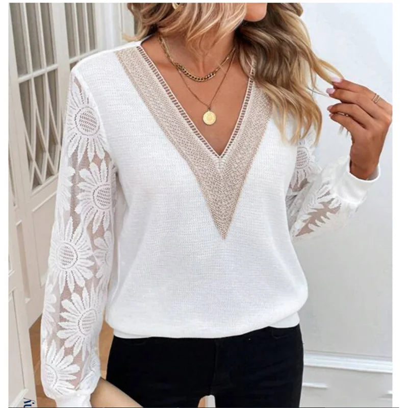 Stylish Lace Hollowed Out Patchwork Shirt Women V-Neck Long Sleeve Spring Autumn Solid Color Blouse Top