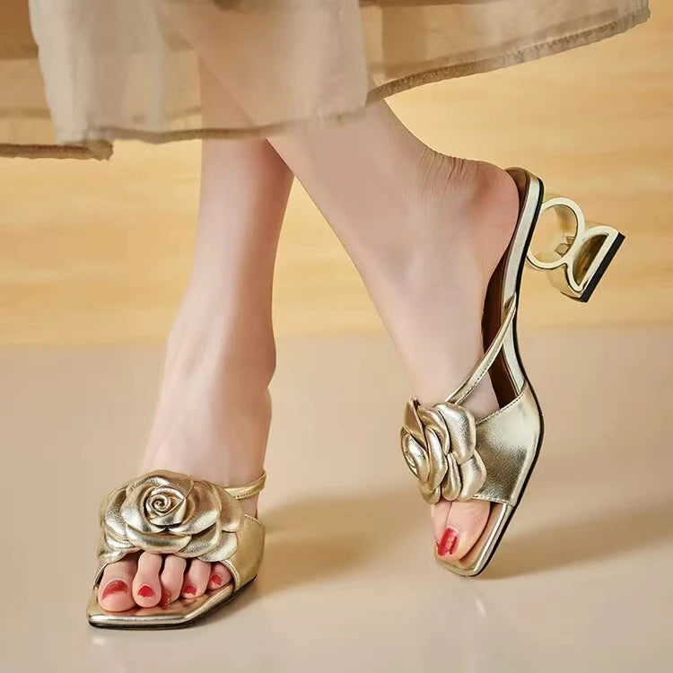 Women Shoes 2024 New Summer Fashion Flowers Black Beige Gold Dress Party Wedding Female Sandals Big Size