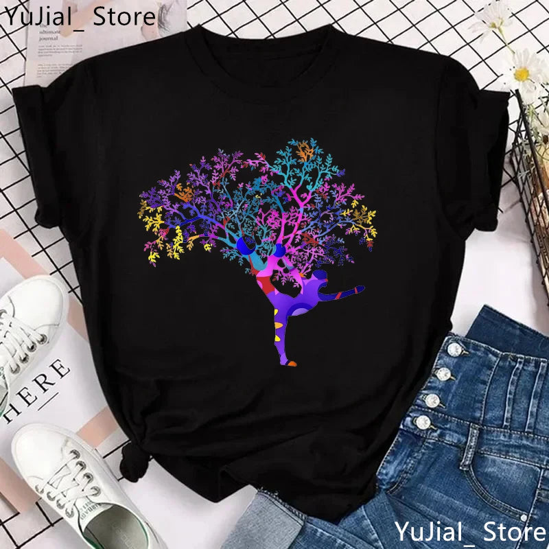 Newest Yoga Tree Print Tshirt Girls Summer Fashion Short Sleeve T Shirt Women Buddha Chakra Meditation T-Shirt Female Wholesale