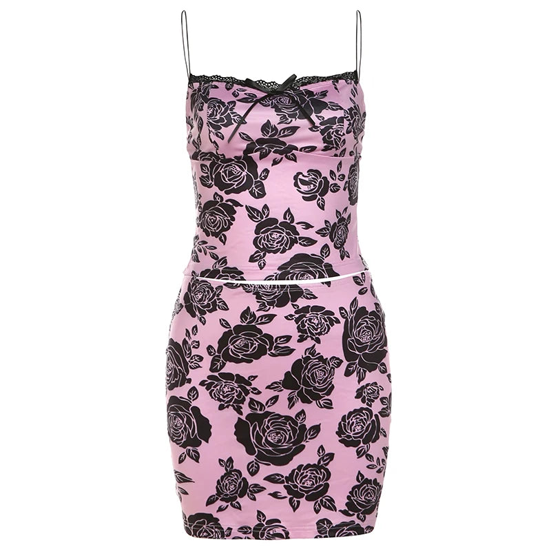 Weird Puss Flower Print Women 2 Piece Set Elegant Summer Trend Lace Bow Camisole+Peach Hip Skirts Matching Streetwear Outfits