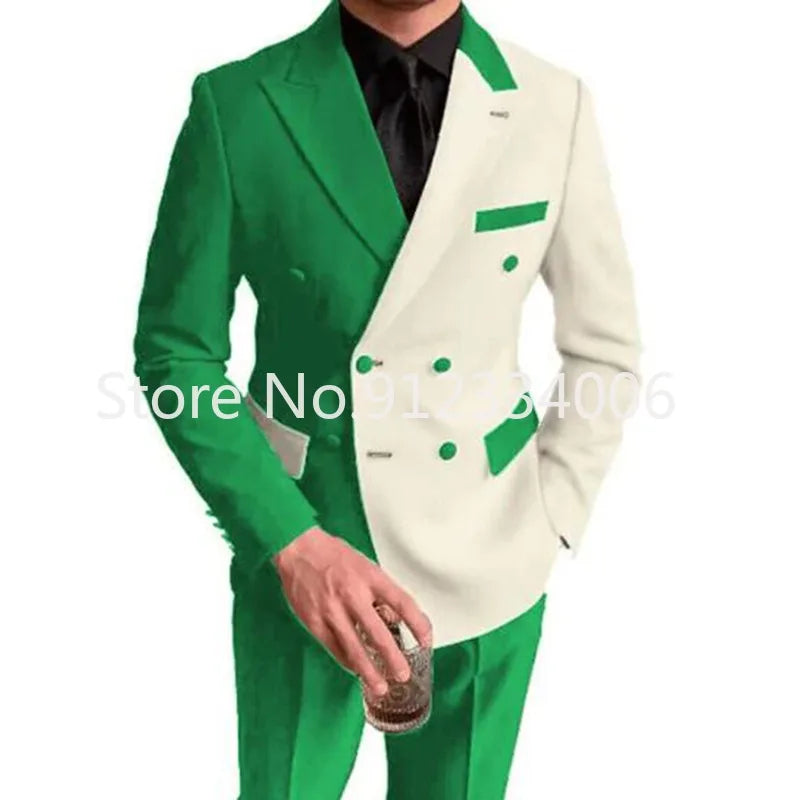 Elegant Black White Men Suit Slim Fit Peak Lapel Double Breasted 2 Piece Formal Groom Wedding Tuxedos Blazer+Pants Costume Homme